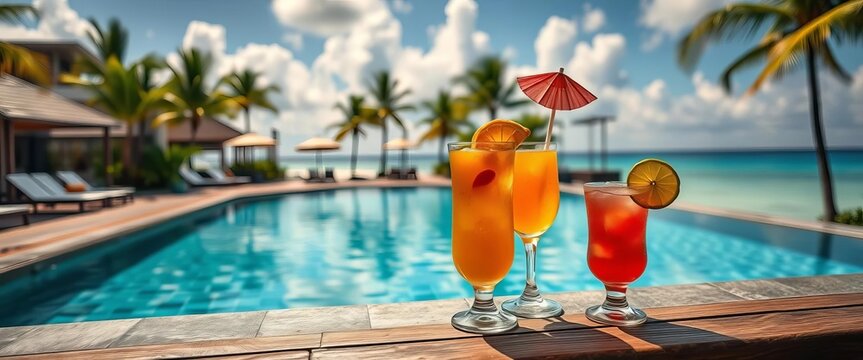 Relaxing poolside cocktails, tropical vacation,  cocktails,  swim
