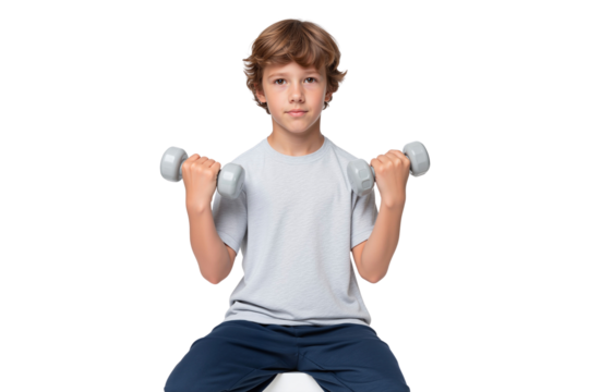 Handsome fit boy lifting dumbbells, exercising and looking at the camera with a determined expression, isolated on transparent background