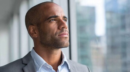Successful businessman reflecting on future opportunities while gazing out of a modern office window