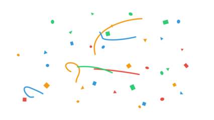 Colorful abstract confetti with various geometric shapes like circles, squares, and triangles, mixed with squiggly lines. Festive party overlay element with a transparent background.