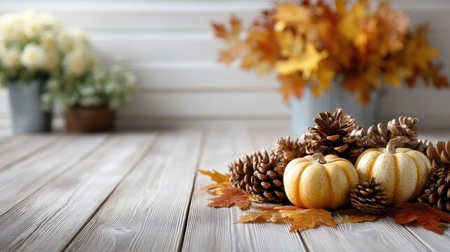 Decorative pumpkins in various colors are set among pinecones and autumn leaves on a rustic wooden table, celebrating the season - Powered by Adobe
