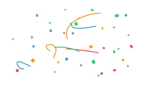 Colorful abstract confetti with various geometric shapes like circles, squares, and triangles, mixed with squiggly lines. Festive party overlay element with a transparent background.