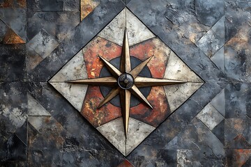 Artistic Metal Compass Rose on Geometric Tile Background
