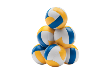 Stack of new volleyballs, with classic blue, yellow, and white colors, isolated on transparent background