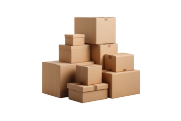 Stack of various sized brown cardboard boxes, isolated on transparent background