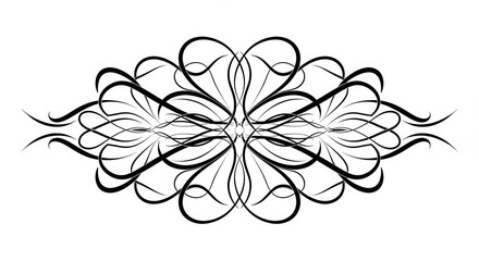 Intricate black flourish design with symmetrical swirls and elegant curves on a white background