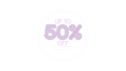 Up to 50% off purple neon sign for promotions and sales. Digital graphic element with fifty percent discount text in a circle, isolated on a transparent background. Modern advertising banner.