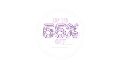 Up to 55 percent off sale sign. Purple neon light style text inside a modern circular frame. Promotional marketing banner for retail discounts with a transparent background. Vector illustration.