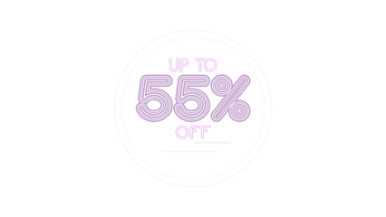 Up to 55 percent off sale sign. Purple neon light style text inside a modern circular frame. Promotional marketing banner for retail discounts with a transparent background. Vector illustration.