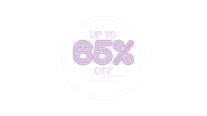 Up to 65% off sale discount promotion banner. Modern futuristic neon light style text inside a circular frame on a dark background. Concept for digital marketing, e-commerce, and retail advertising.