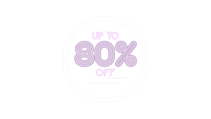 Up to 80% off sale promotion banner with modern neon purple text. Eighty percent discount offer sign in a futuristic circular frame. Isolated graphic element with a transparent background.