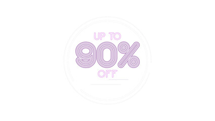 Up to 90% off neon style graphic. Ninety percent discount promotion for retail and e-commerce. Modern purple text inside a circle. Isolated illustration with a transparent background for easy use.