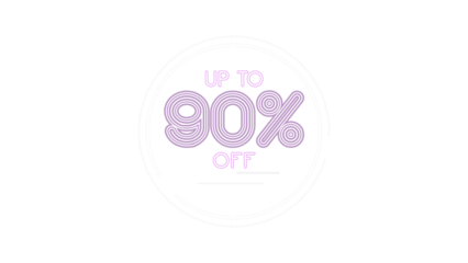 Up to 90% off neon style graphic. Ninety percent discount promotion for retail and e-commerce. Modern purple text inside a circle. Isolated illustration with a transparent background for easy use.