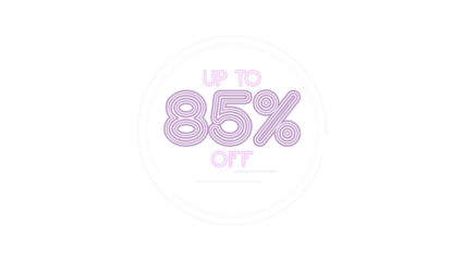 Up to 85 percent off sale promotion banner for marketing. Purple neon light effect text with a modern white circular frame design. Digital graphic for retail on a transparent background.