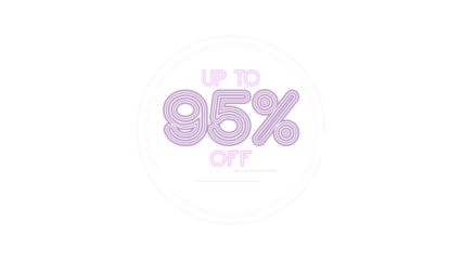 Up to 95% off sale sign. Modern futuristic design with glowing purple and white neon typography for advertising, retail marketing, e-commerce promotions, and discount clearance events.