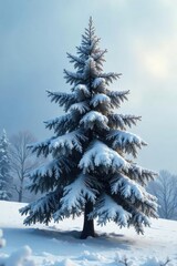 Obraz premium Serene Snowy Christmas Tree A solitary frosted tree stands majestic in a breathtaking arctic winter landscape, its snow-laden branches creating a beautiful, chilly Christmas scene.