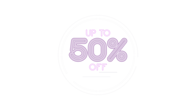 Up to 50% off purple neon sign for promotions and sales. Digital graphic element with fifty percent discount text in a circle, isolated on a transparent background. Modern advertising banner. - Powered by Adobe