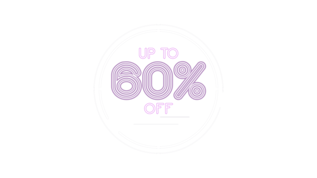 Up to 60 percent off promotional tag. Modern purple neon light style text inside a circle for marketing campaigns. Graphic element design with a transparent background for easy use on any project.
