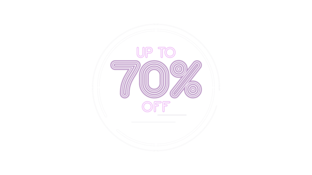 Promotional sign with 'Up to 70% Off' in glowing purple text. Modern digital design for advertising campaigns, e-commerce, and retail marketing. Isolated graphic with a transparent background.