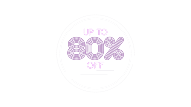 Up to 80% off sale promotion banner with modern neon purple text. Eighty percent discount offer sign in a futuristic circular frame. Isolated graphic element with a transparent background.