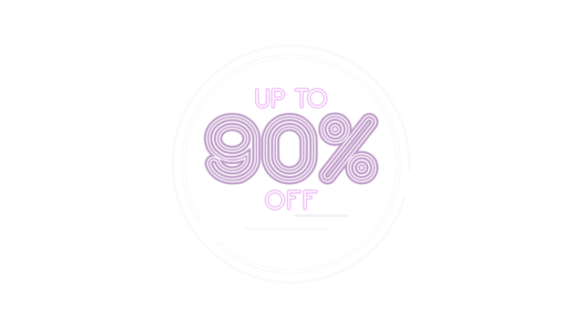 Up to 90% off neon style graphic. Ninety percent discount promotion for retail and e-commerce. Modern purple text inside a circle. Isolated illustration with a transparent background for easy use.