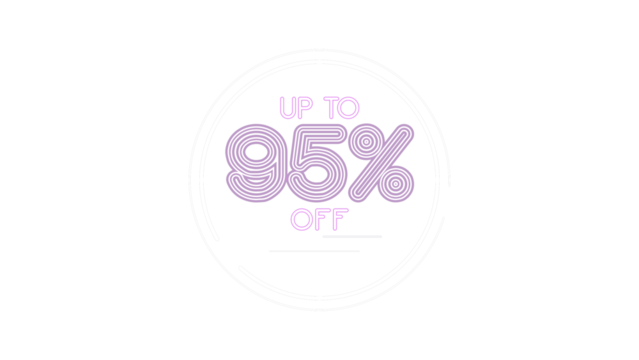 Up to 95% off sale sign. Modern futuristic design with glowing purple and white neon typography for advertising, retail marketing, e-commerce promotions, and discount clearance events. - Powered by Adobe