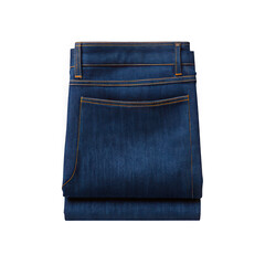 A pair of folded dark blue denim jeans with detailed stitching isolated on transparent background