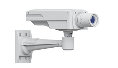 Outdoor bullet CCTV camera in white. Orthogonal view, isolated on a transparent background. 3D illustration