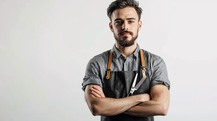 A professional male artist wearing an apron, with his arms crossed and a confident and creative expression, standing in a studio setting.