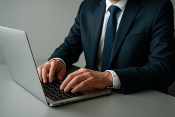 Professional businessman working on laptop in office modern technology style