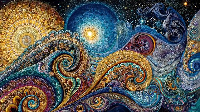 An abstract cosmic dreamscape featuring swirling, ornate patterns in vibrant jewel tones, reminiscent of celestial bodies and paisley designs