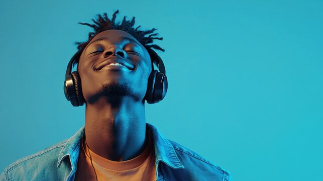 A young, stylish African American man with headphones, looking up with a cool and expressive demeanor, with a vibrant blue background.