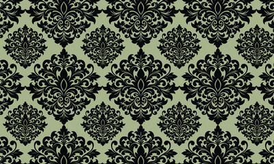 seamless damask pattern,Elegant Black Damask Pattern on Pale Green Background for Wallpaper or Fabric