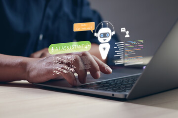 Futuristic concept of AI assistant and chatbot technology with virtual interface on laptop,...