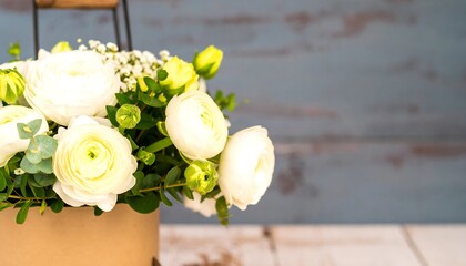 A delicate arrangement of creamy white ranunculus and greenery, nestled in a light beige box, presents a tranquil and inviting scene.
