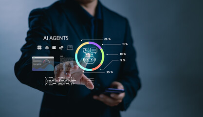 Businessman using AI agents with virtual interface and data visualization, representing artificial intelligence, digital transformation, automation, and future technology in modern business