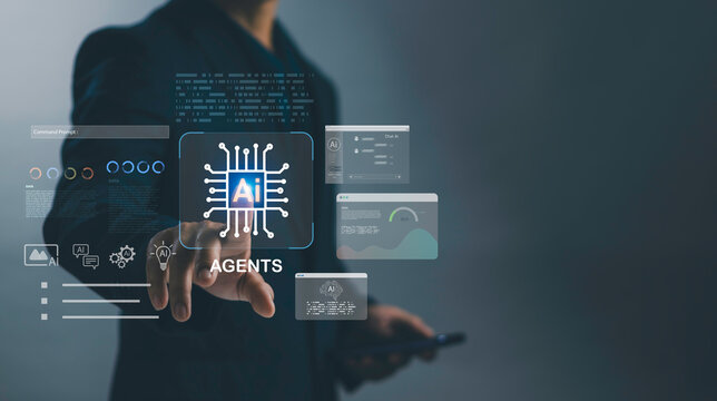 Businessman interacting with AI agents and digital interface, symbolizing artificial intelligence, automation, data analytics, and future technology solutions for modern business innovation