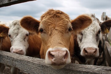 Cattle Gate. Brown Dairy Cows Pushing Against Fence in Grassy Field