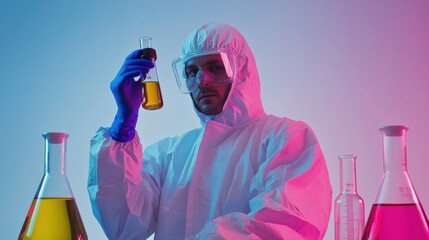 A professional male scientist wearing a hazmat suit and a gas mask, holding two glass flasks with a serious and focused expression.