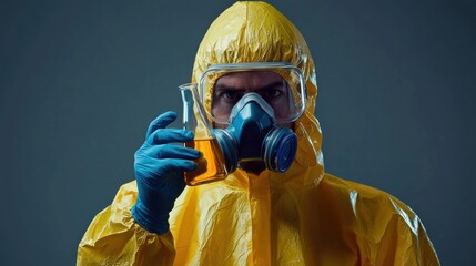 A professional male scientist wearing a hazmat suit and a gas mask, holding a glass beaker with a serious and focused expression.