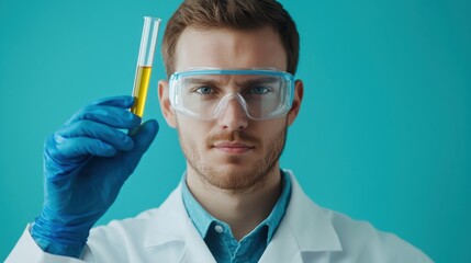 A professional male scientist with a beard, wearing a lab coat and safety glasses, holding a test tube with a confident and serious expression.