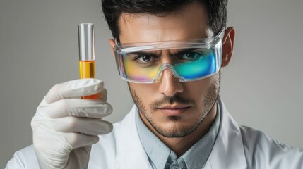 A professional male scientist with a beard, wearing a lab coat and safety glasses, holding a glass flask with a serious and focused expression.