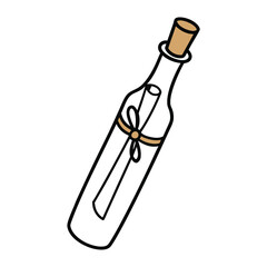 Simple illustration of a glass bottle with a cork and a rolled paper message tied with string