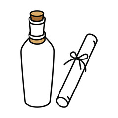 Simple line drawing of a glass bottle with cork and rolled paper tied with string stopper liquid