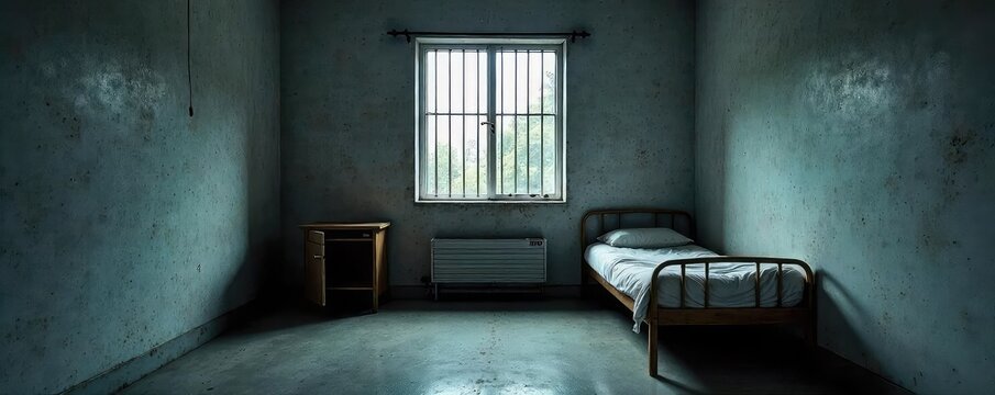 A stark, minimalist bedroom cell, featuring a single bed, a small nightstand, and a barred window The room is sparsely furnished, conveying a sense of confinement and isolation , bleak, minimalist