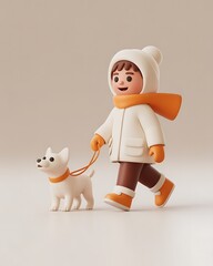 Cartoon boy in winter clothes walking a dog on a leash in a simple scene