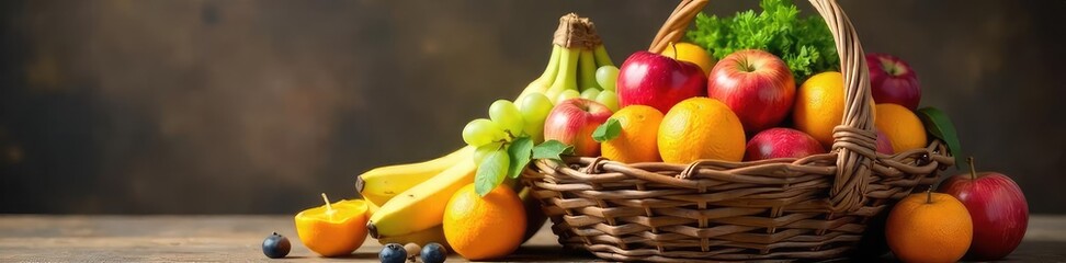 Overflowing Rustic Basket of Fresh Spring Fruits Bananas, Oranges, Grapes, Apples