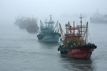 China Fishing Vessel. Chinese Commercial Trawlers Anchored in Asian Bay
