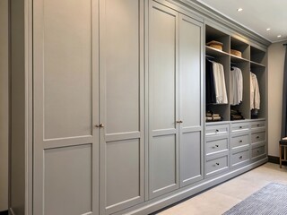 Modern grey wardrobe closet exterior, clean minimalist design, stylish storage solution, contemporary home organization and lifestyle concept