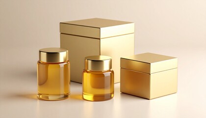 Golden Honey Jars and Boxes with Natural Light　ハチミツの入った黄金の容器と箱のセット